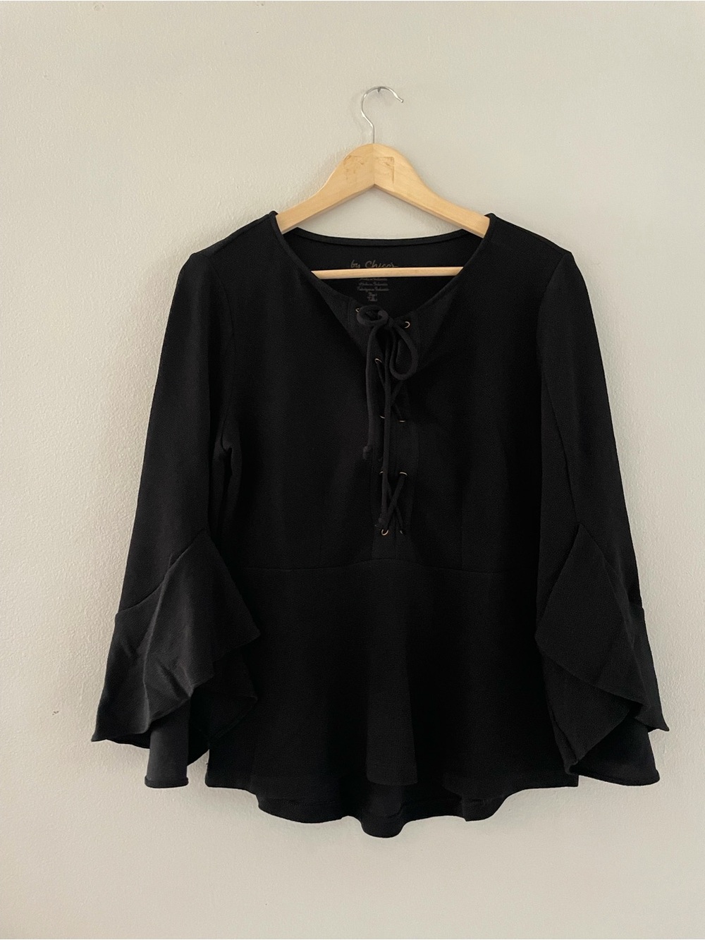 By Chicos Black Ruffle 3/4 Sleeve Blouse